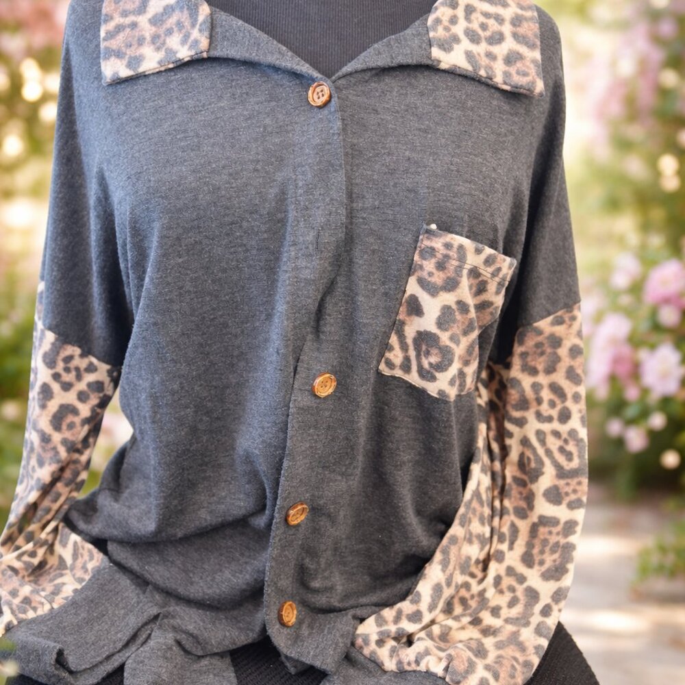 Long Sleeve Leopard Print Button Down Blouse - image 1